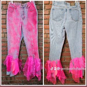 Neon Pink Barbie Hand Painted Handkerchief Patchwork Jeans - Women's